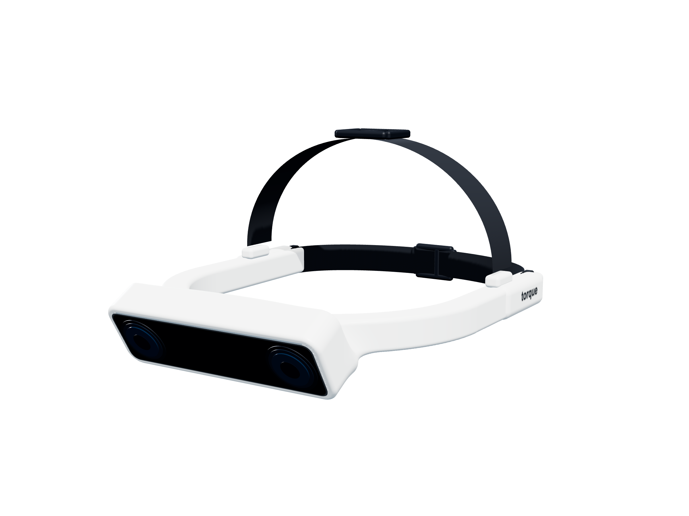 The Torque headset: a white head-mounted unit with two eye-level cameras and an adjustable black strap